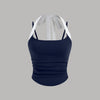 Navy Blue Ruched Halter Neck Knotted Cami Top Front View For Women | Littlebox India