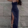 Navy Blue Ruched Spaghetti Strap Slit Maxi Dress Front View for Women | Littlebox India