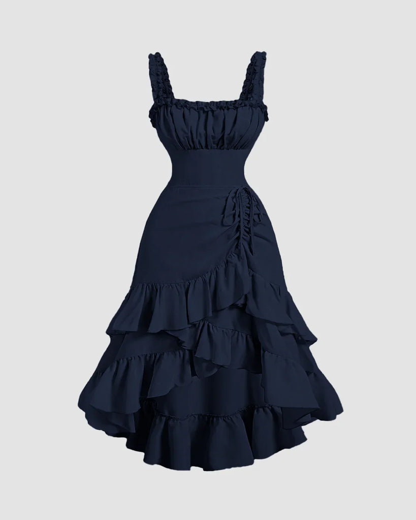 Navy blue midi dress with a square neck, ruched bodice, and ruffled high-low hemline.
