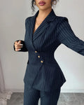 Navy Blue Striped V-Neck Asymmetric Long Sleeve Jacket & Wide-Leg Pants Suit
