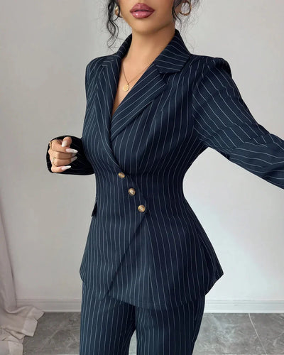 Navy Blue Striped V-Neck Asymmetric Long Sleeve Jacket & Wide-Leg Pants Suit Front View For Women | Littlebox India