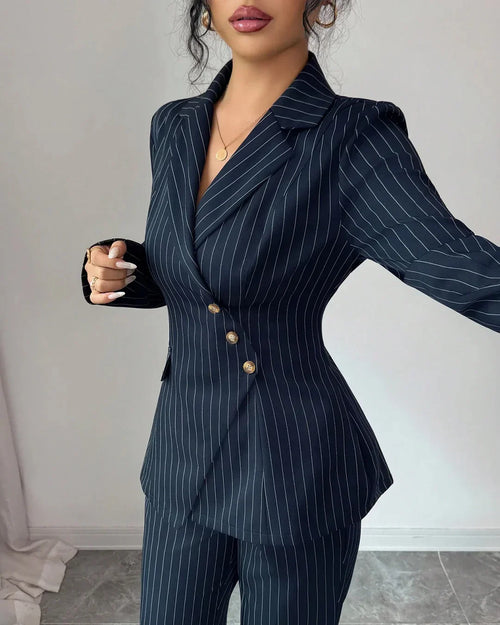 Front view of Pinstriped jacket and pants set featuring a tailored blazer with button detail and matching straight-fit trousers for formal wear