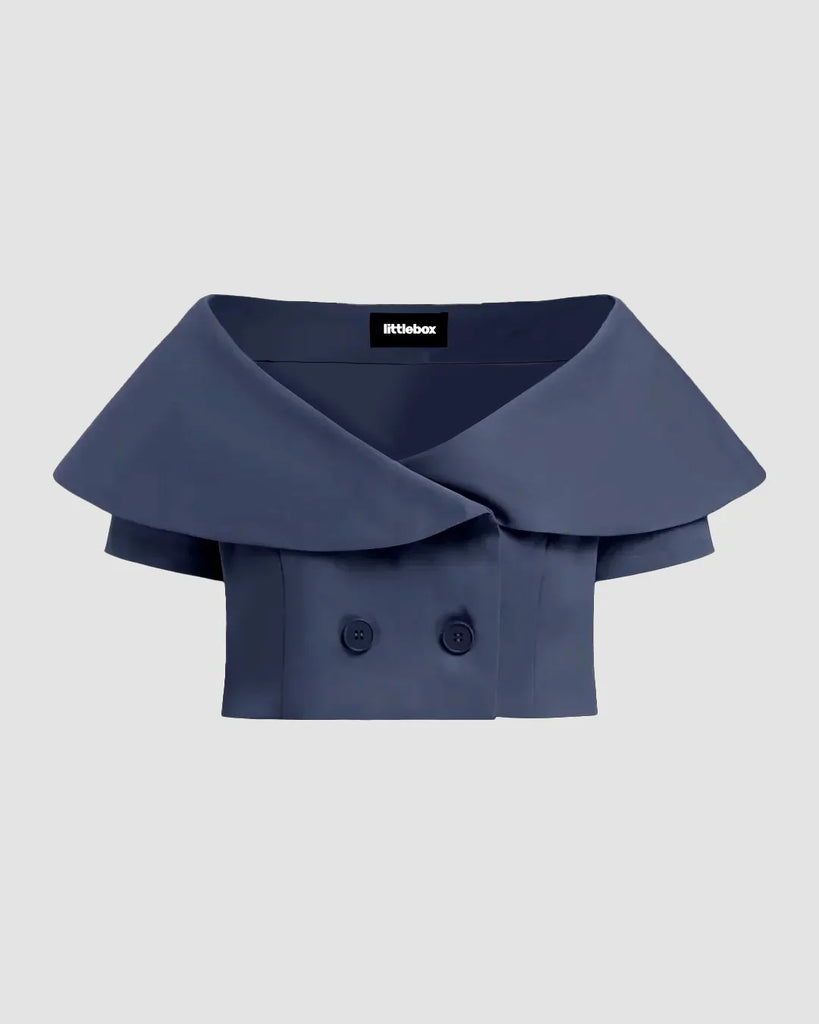 a navy off-shoulder cropped blazer featuring button details