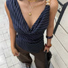 Neck Striped Asymmetrical Draped Collar and Metal Button Top in Navy Blue Front View for Women | Littlebox India