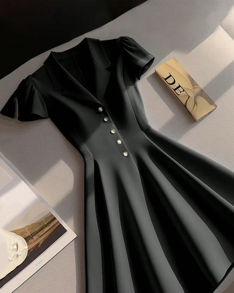 Black fit and flare mini dress with a white shirt and shoes, featuring a notch collar and buttoned design.