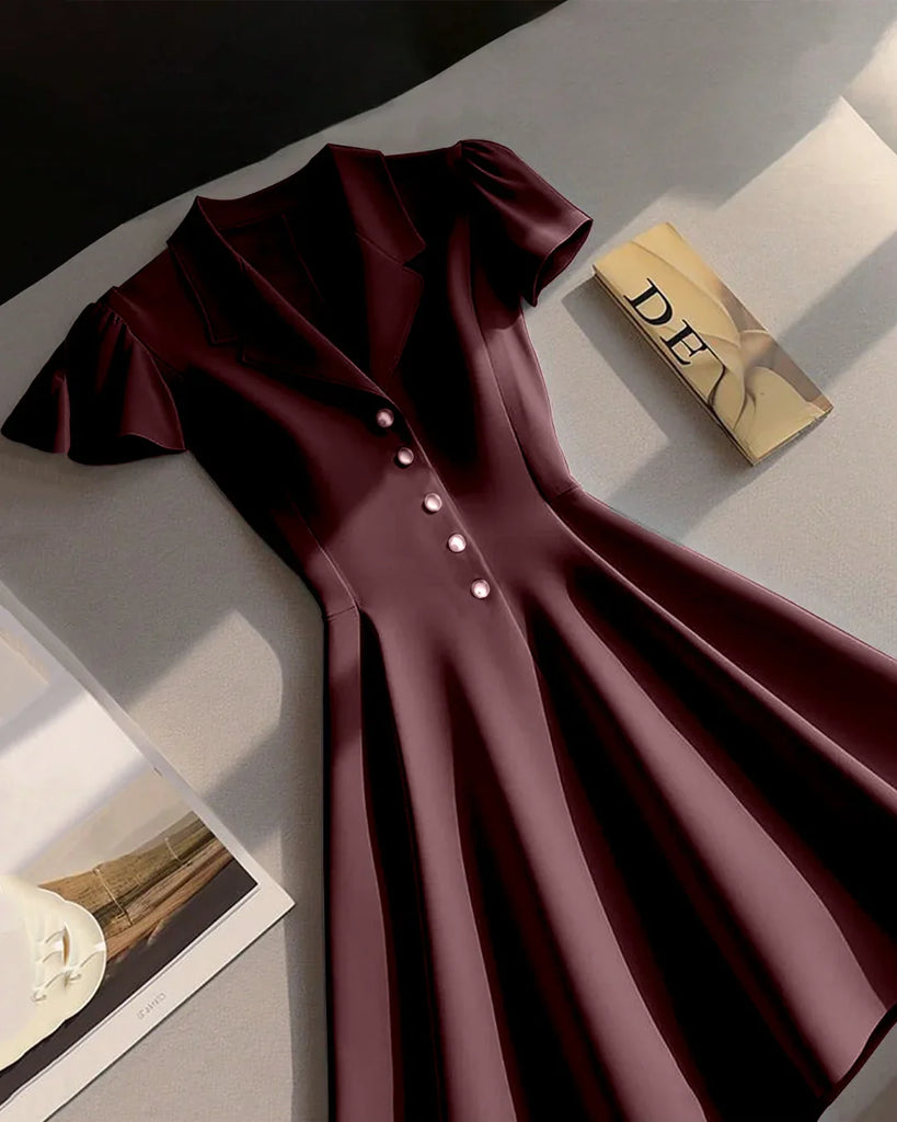 Burgundy fit and flare mini dress with buttons and a book, featuring a notch collar design.