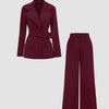 Notched Lapel Belted Blazer And Trousers Set In Dark Maroon Front View For Women | Littlebox India