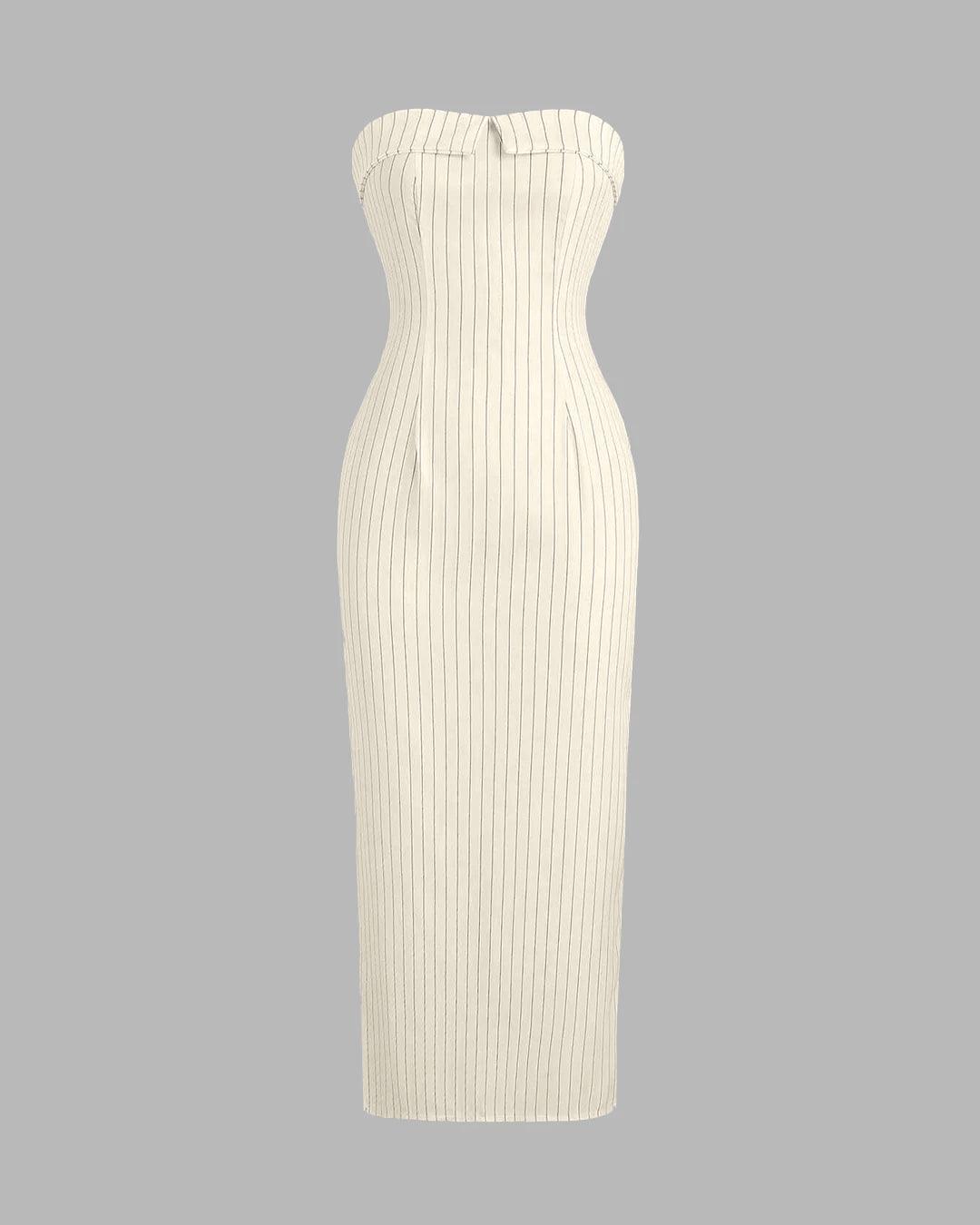 Off-Shoulder Corset Bustier Pinstripe Off-White Midi Dress