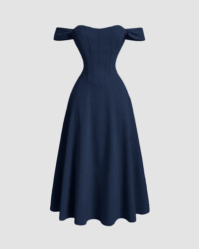 Off-Shoulder Corset Fit & Flare Midi Dress in Navy Blue Front View for Women | Littlebox India