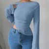 Off-Shoulder Fitted Long Sleeve Stylish Top for Women in Blue Front View For Women | Littlebox India