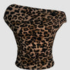Front view of Off-shoulder leopard print top with fitted silhouette and draped design, bold pattern with sleek finish