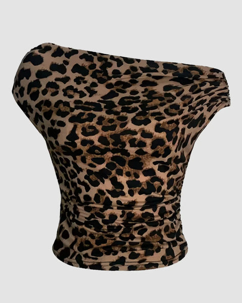 Front view of Off-shoulder leopard print top with fitted silhouette and draped design, bold pattern with sleek finish