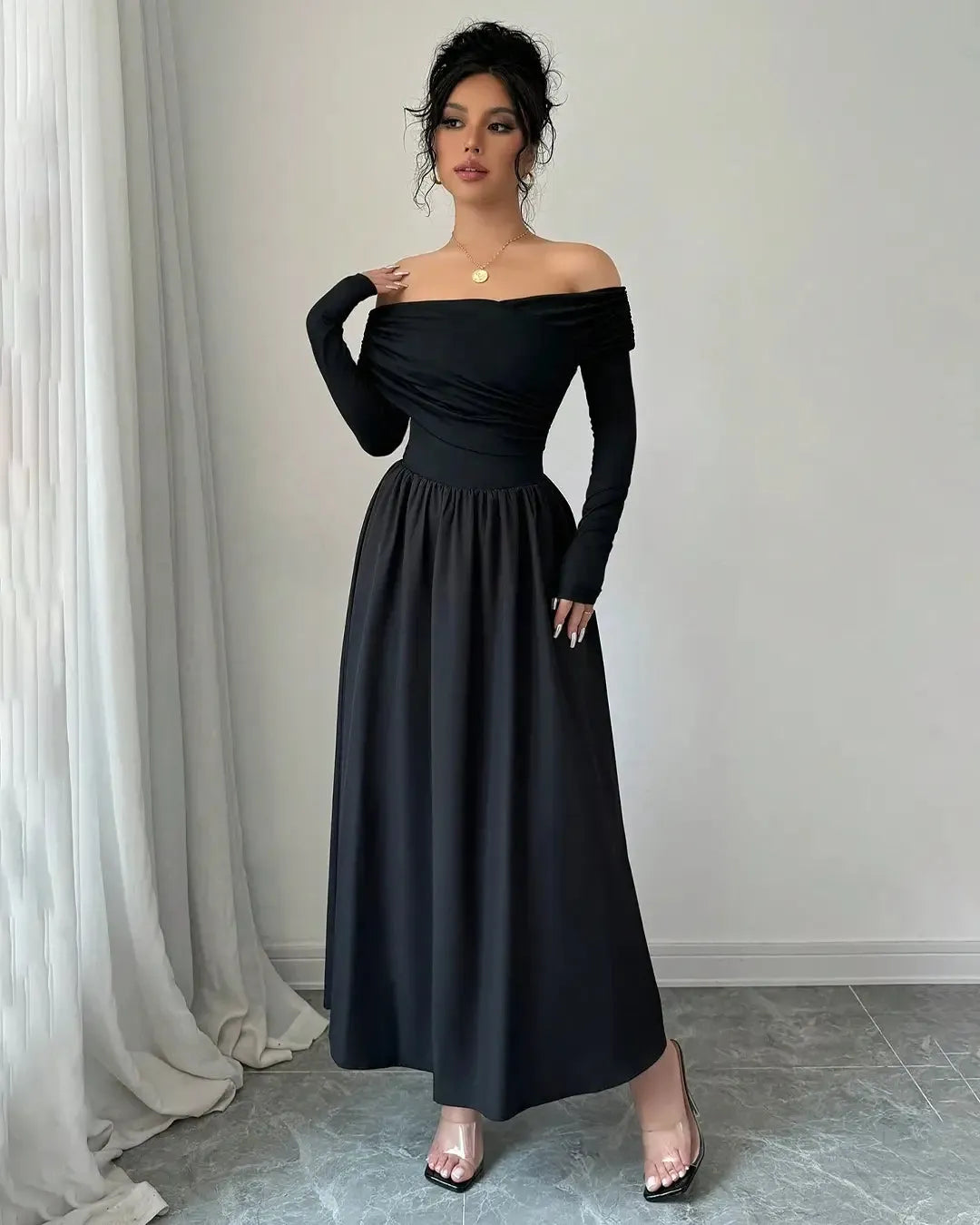 Shoulder Pleated Elegant Long-Sleeve Maxi Dress - Littlebox India