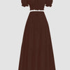 Front view of chocolate off shoulder puff sleeve crop top with a line skirt, stylish crop top and skirt for women.