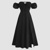 Off-Shoulder Puff Sleeve Solid Color Cinched Maxi Dress In Black Front View for Women | Littlebox India