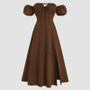 Off-Shoulder Puff Sleeve Solid Color Cinched Maxi Dress In English Brown Front View for Women | Littlebox India