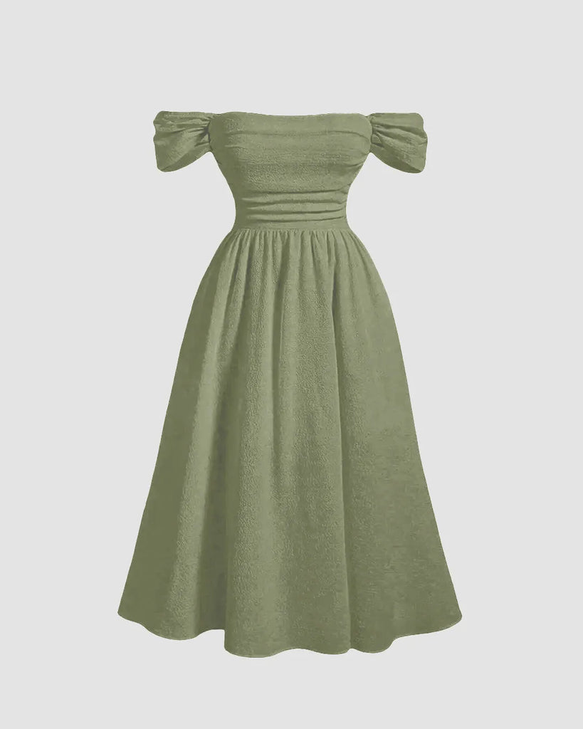 An off-shoulder midi dress in herbal green featuring ruffled detailing and voluminous puffed sleeves for a romantic, statement-making look.