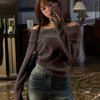 Off-Shoulder Slim-Fit Straight Hem Solid Long Sleeve Cropped Top in Chocolate Front View for Women | Littlebox India