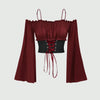 Off-Shoulder Slim Fit Solid Bell Sleeve Crop Top in Burgundy Front View for Women | Littlebox India