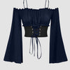  Off-Shoulder Slim Fit Solid Bell Sleeve Crop Top in Navy Blue Front View for Women | Littlebox India