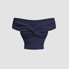 Navy blue off-shoulder crop top with soft ribbed knit fabric for a sleek, fitted look.