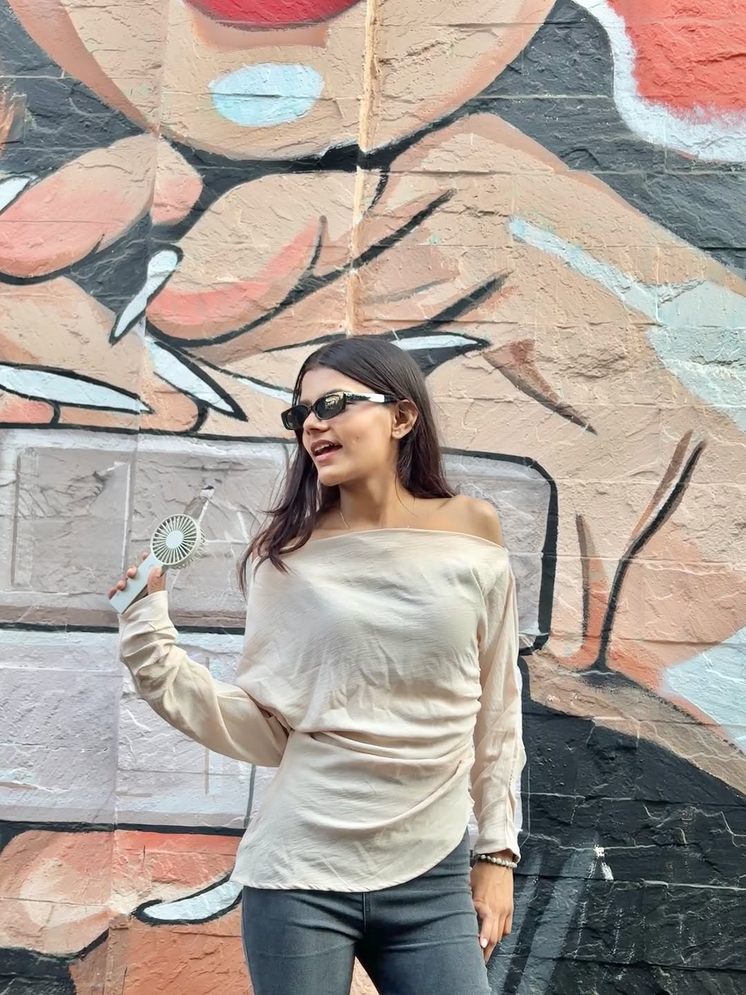 Customer photo 2 of Off-Shoulder Solid Color Asymmetrical Neck Top in Beige