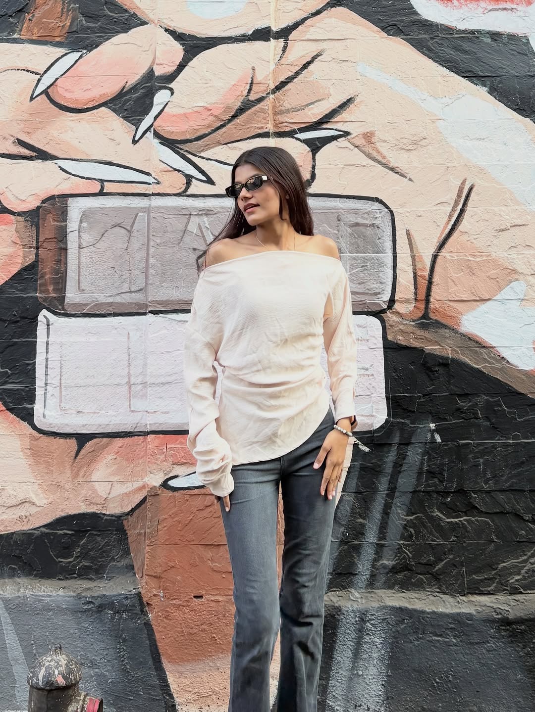 Customer photo 1 of Off-Shoulder Solid Color Asymmetrical Neck Top in Beige