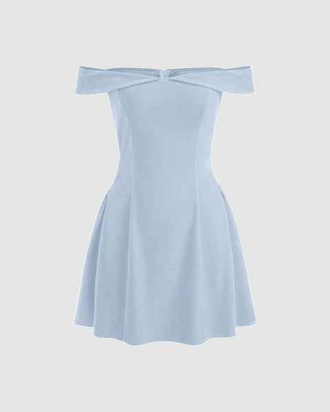 Front view of off-the-shoulder light blue mini dress with a solid design and zipper detail