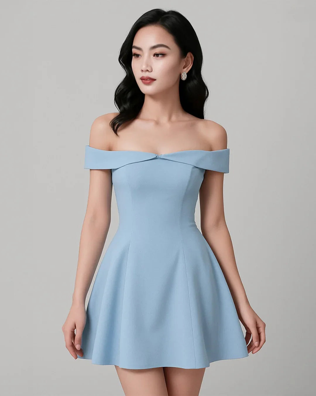 Off Shoulder Fit and Flare Blue Mini Dress - Littlebox India Off Shoulder Fit and Flare Blue Mini Dress - Littlebox India