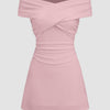 Off-shoulder Criss Cross Ruched Mini Dress in Pink Front View for Women | Littlebox India