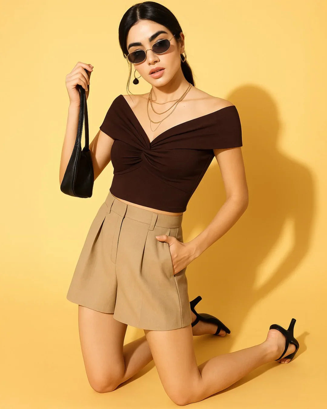 Off-shoulder Ruched Chocolate Brown Crop Top