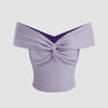 off-shoulder crop top in chocolate lavender, featuring ruched detailing at the center and a draped neckline for a trendy look