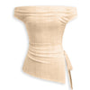Off-shoulder Ruched Knotted Asymmetrical Hem Top in Beige Front View for Women | Littlebox India