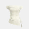 Off-shoulder Ruched Knotted Asymmetrical Hem Top in White Front View for Women | Littlebox India
