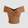 Off-shoulder Ruched Mud Gold Crop Top Front View for Women | Littlebox India