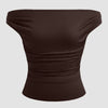 Off-shoulder Ruched Short Sleeve Top in Chocolate Front View for Women | Littlebox India