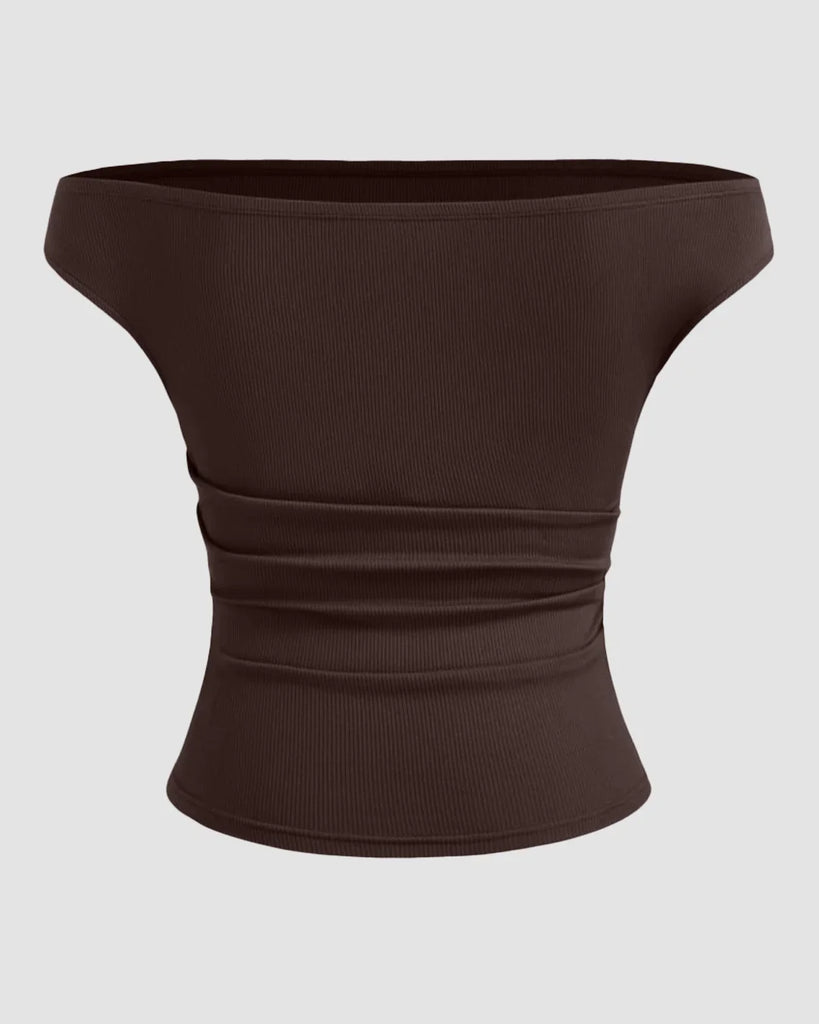 Off-shoulder Ruched Short Sleeve Top in Chocolate