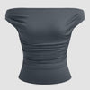 Off-shoulder Ruched Short Sleeve Top in Dark Grey Front View for Women | Littlebox India
