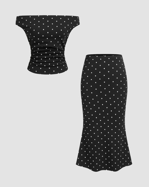 Off-shoulder Ruched Top and Polka Dot Mermaid Maxi Skirt Two Piece Set Front View for Women | Littlebox India