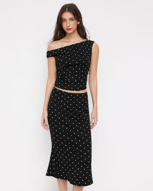 Off-shoulder Ruched Top and Polka Dot Mermaid Maxi Skirt Two Piece Set On Model for Women | Littlebox India