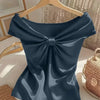 Off-the-Shoulder Sweet Bow Neckline Short Sleeve Top in Navy Blue Front View for Women | Littlebox India