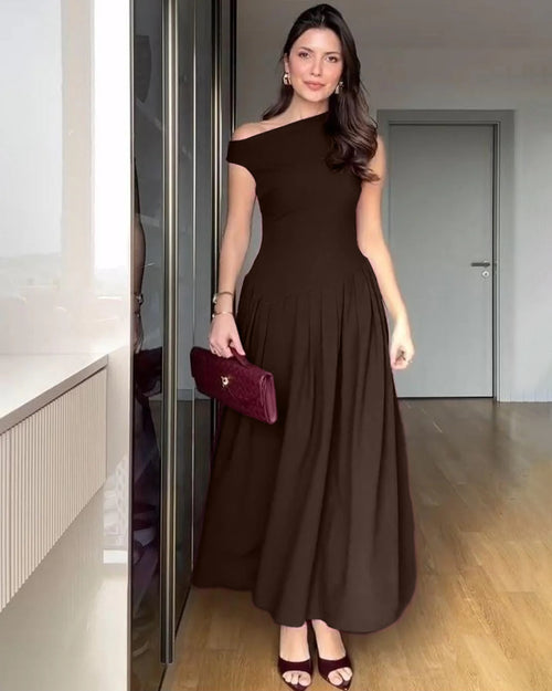 Off Shoulder A Line Maxi Dress in Cocoa Brown Front View for Women | Littlebox India