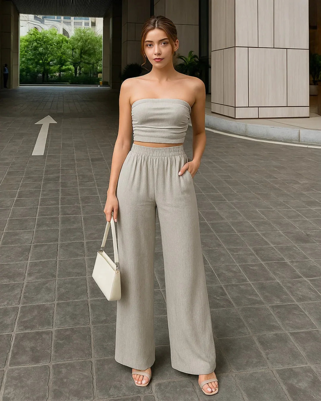 Off Shoulder Crop Top And Wide Leg Pant In Grey