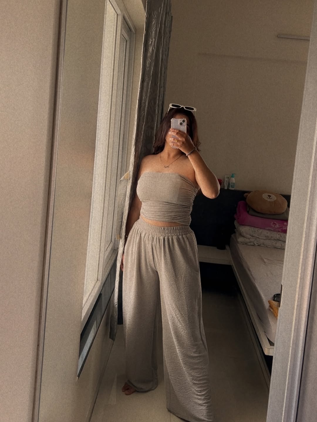 Customer photo 3 of Off Shoulder Crop Top And Wide Leg Pant In Grey