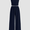 Off Shoulder Crop Top And Wide Leg Pant In Navy Blue Front View For Women | Littlebox India