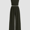 Off Shoulder Crop Top And Wide Leg Pant In Olive Green Front View For Women | Littlebox India