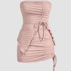 Off Shoulder Drawstring Ruched Crop Top And Mini Skirt In Pink Front View For Women | Littlebox India