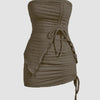 A brown dress set featuring a ruffled neckline, showcasing a stylish off-shoulder design