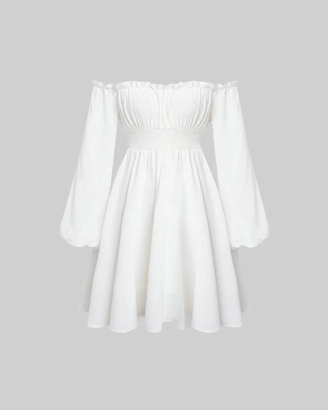 Off Shoulder Lantern Sleeve Frill Trim Dress In White Littlebox