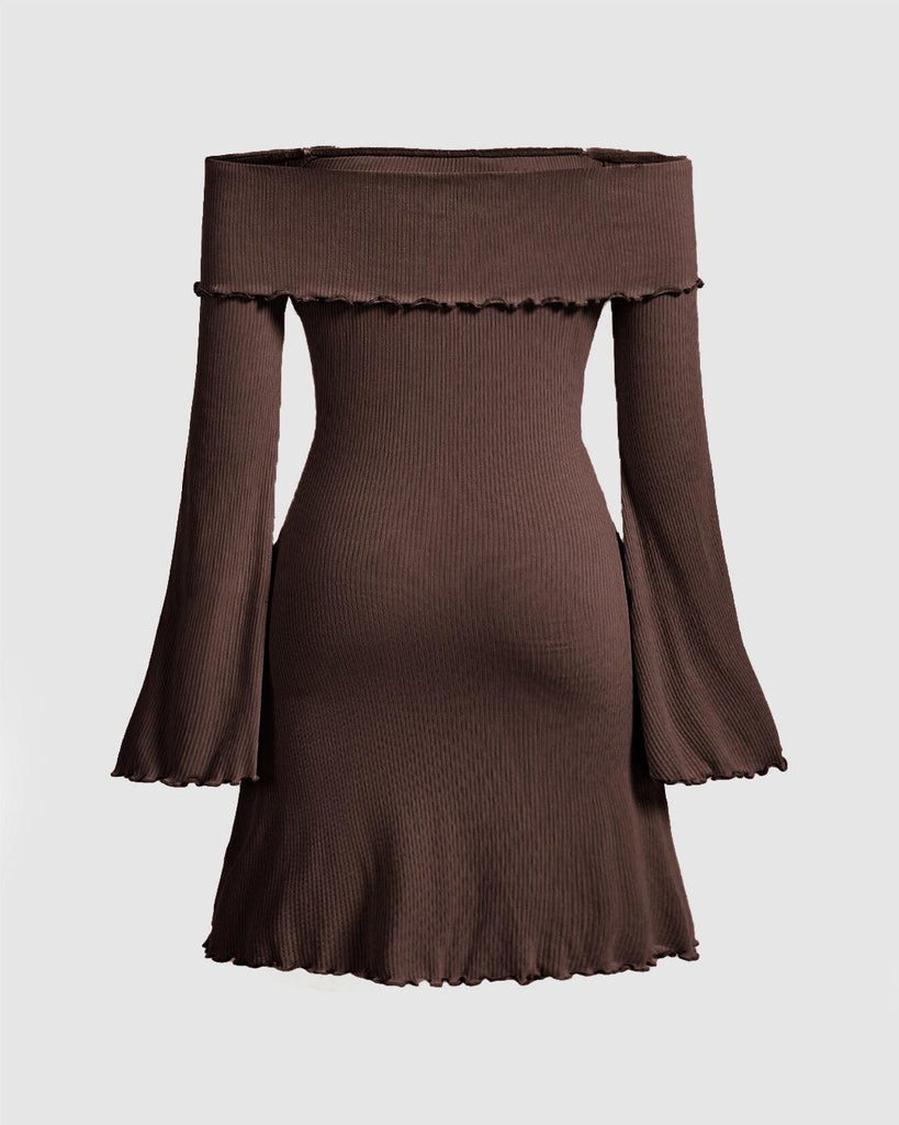 Off Shoulder Lettuce Trim Flare Sleeve Dress In Chocolate Brown Off Shoulder Lettuce Trim Flare Sleeve Dress In Chocolate Brown